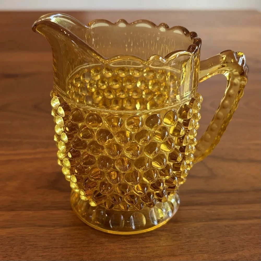 Vintage Hobbs Brockunier Amber Glass Ruffle Top Hobnail Pitcher 4